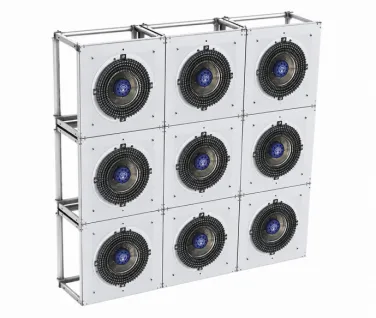 EC fan wall for AHU retrofit — 3×3 array of Blauberg EC plug fans with inlet guards on a modular stackable frame